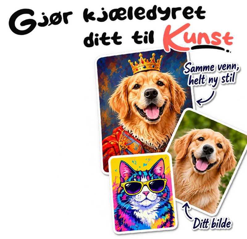 Gjør kjæledyret ditt til kunst: en golden retriever som kongelig oljemaleri, en katt i pop-art med solbriller og originalbildet av hunden.